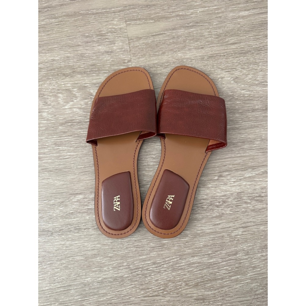 Zara Women Burgundy Flat Slide Sandals Minimalist Slip On Shoes Size 38 - Picture 2 of 6
